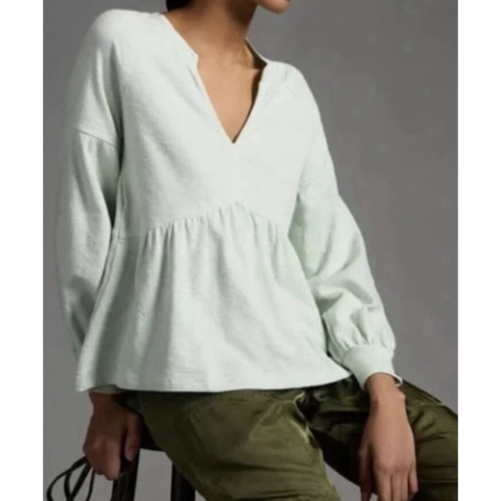 Pilcro Anthropologie Top Women's Size XL Green French Terry Split Neck Peplum - Picture 1 of 10